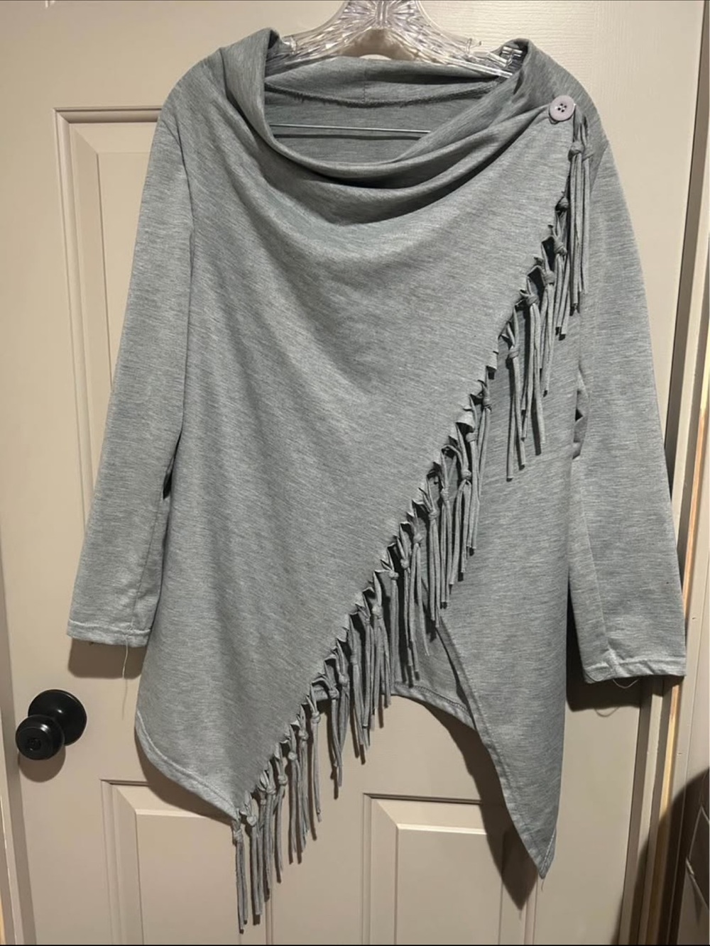 Light Gray Fringe Asymmetric Cowl Neck Sweater